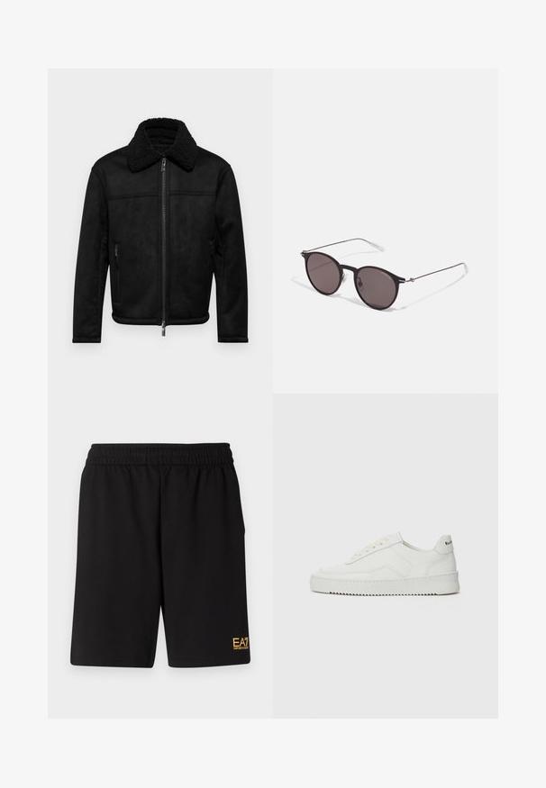 Armani Exchange BLOUSON - Giacca in similpelle - black; T-shirt bianco in cotone con scollatura rotonda e maniche corte, con il logo oro EA7 Emporio Armani stampato sul fronte.; Pantaloni sportivi neri realizzati in tessuto morbido, con vita elastica e un piccolo logo EA7 giallo sulla parte bassa della gamba sinistra.; Sneaker in pelle bianca con una finitura liscia, punta rotonda, lacci piatti e suola testurizzata. Presenta un logo discreto sul tallone.; Occhiali da sole neri rotondi con lenti scure e sottili bracci in metallo. Include punte trasparenti e accenti argentati alla cerniera. Design minimalista.