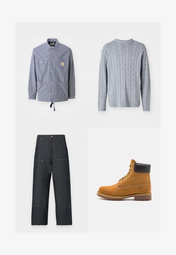 Navy and white striped shirt jacket, featuring a collar, snap buttons, two chest pockets, adjustable hem, and a logo patch on left pocket.; Light blue knitted sweater with cable knit pattern, long sleeves, and round neckline. Ribbed cuffs and hem add texture and structure.; Dark blue denim jeans with a wide leg design, featuring contrasting orange stitching, front pockets, and a classic button closure.; Tan suede ankle boot with black padded collar, gold metal eyelets, white stitching detailing, and rugged rubber sole with pronounced treads.