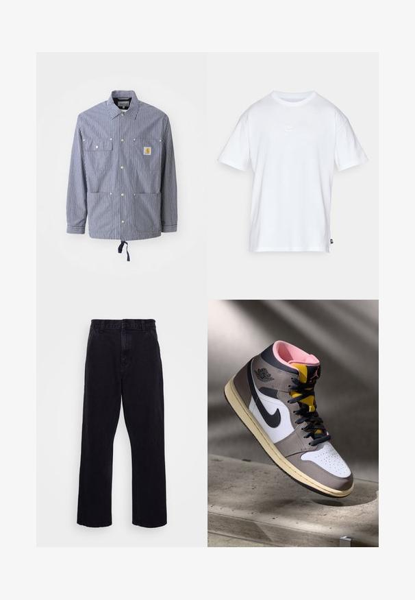 Marine- og hvidstribet skjortejakke med krave, trykknapper, to brystlommer, justerbar kant og et logo-patch på venstre lomme.; Hvid bomulds T-shirt med korte ærmer og rund hals. Har et lille, diskret Nike-logo på brystet og et sidelabel.; Sorte denimbukser med lige ben, der har en knap- og lynlåslukning, bæltestropper og minimale syninger.; Høj-top Nike Air Jordan sneaker i hvid, grå og sort med pink indvendigt og gul tunge, placeret på en betonoverflade.