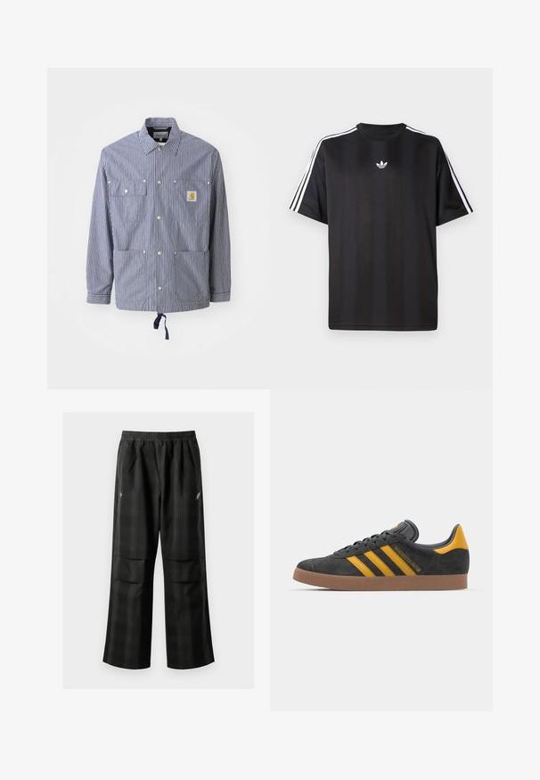Casaco riscado azul-marinho e branco, com colarinho, botões de pressão, dois bolsos no peito, bainha ajustável e um patch de logotipo no bolso esquerdo.; T-shirt preto de manga curta com detalhes em branco nas três listas nos ombros e um pequeno logo branco no peito. Textura do tecido suave.; Calças pretas em padrão xadrez com cintura elástica, dois bolsos frontais e um ajuste solto com design de perna reta. Feitas de material leve.; Tenis em camurça preta com detalhes amarelos, apresentando três riscas e uma sola de borracha castanha. Inclui uma língua acolchoada para maior conforto.