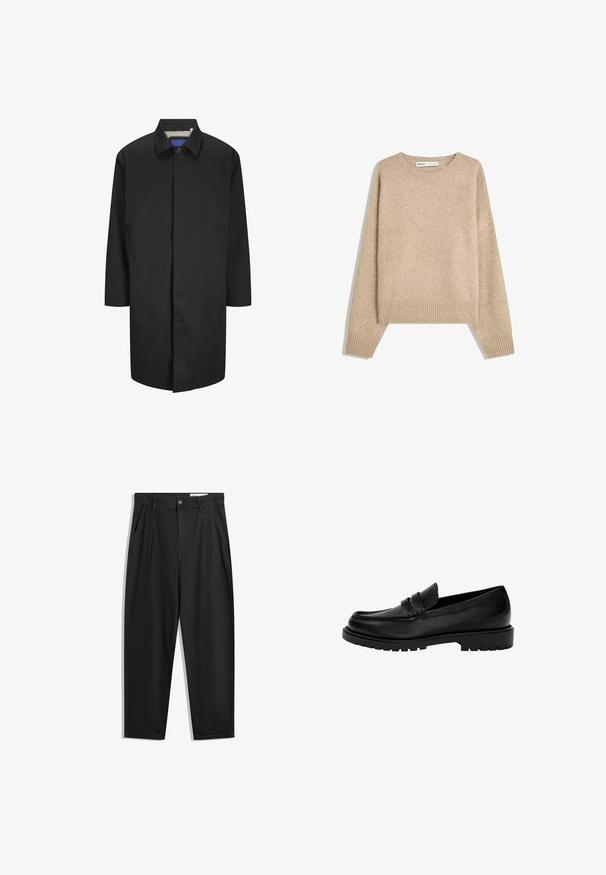 Zwarte jas met een kraag, lange mouwen en zijzakken. Heeft een knoopsluiting en een geruite binnenvoering.; Beige sweater gemaakt van zachte, gestructureerde brei. Heeft een ronde halslijn, geribbelde manchetten en een verkorte zoom met verlaagde schouders.; Zwarte katoenen broeken met een losse pasvorm, voorzien van een klassieke tailleband, voorplooien en zijzakken. Gladde structuur zonder patronen.; Zwarte leren instappers met een ronde neus, voorzien van een ontwerp met twee strepen, geweven stiksels en een stevige rubberen zool.