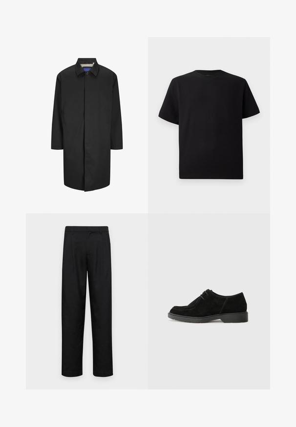 Sort frakke med krave, lange ærmer og sidelommer. Har knaplukning og ternet indvendig foer.; Sort kortærmet T-shirt lavet af tekstureret stof, med rund halsudskæring og en afslappet pasform. Enkel, uden mønstre eller accenter.; Sorte bukser lavet af glat stof, med et lige ben-design, to frontfolder og en standard talje med bæltestropper.; Sorte ruskind dress sko med rund tå, kontrast søm og gummisål. Har minimal snøring og et glat overdel design.
