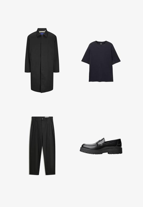 Cappotto nero con colletto, maniche lunghe e tasche laterali. Presenta una chiusura con bottoni e una fodera interna a quadri.; PULL&BEAR SHORT SLEEVE TEXTURED WEAVE - T-shirt basic - dark blue; Pantaloni in cotone neri con una vestibilità rilassata, dotati di una vita classica, pieghe frontali e tasche laterali. Tessuto liscio senza fantasie.; Mocassino in pelle nera con suola spessa e tassellata e fascia decorativa sulla parte superiore, mostrato in profilo sinistro su sfondo bianco.