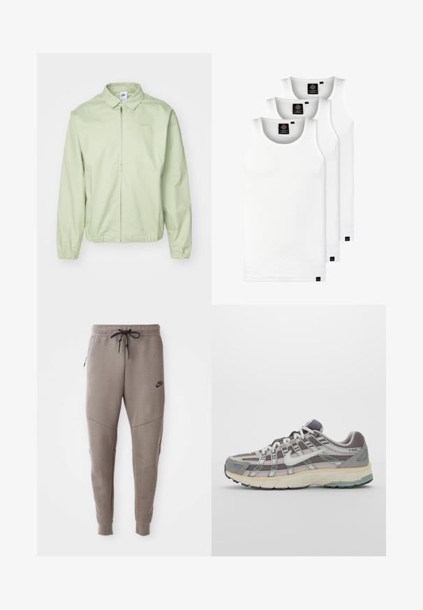 Világoszöld dzseki sima anyagból, galléros nyakkal, elülső cipzárral, elasztikus mandzsettákkal és egy diszkrét logóval a mellrészen.; Három fehér csíkos pamut trikó. Felső része kerek nyakkivágású, és a szegély közelében kis fekete címkék találhatók. Több méretben elérhető.; Szürke Nike melegítőnadrág húzózsinórral a deréknál, keskeny lábakkal, oldalsó zsebekkel és jellegzetes varrás részletekkel. Puha, texturált anyag.; Szürke sportcipő, hálós és velúr felsőrésszel, fehér részletekkel, párnázott talppal és jellegzetes dizájnnal, amely visszaverő elemeket tartalmaz.