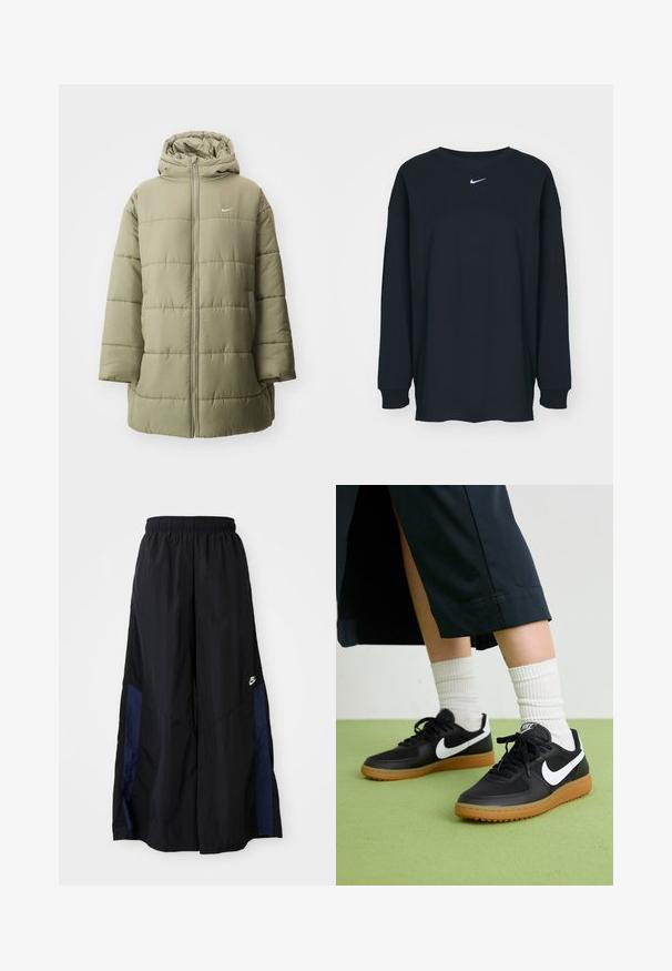 Puffjacka i olivgrön, med dragkedja fram, huva och kviltad textur samt en liten vit logotyp på bröstet.; Svart långärmad T-shirt i bomull med rundad halsringning. Har en vit Nike-logotyp på bröstet. Mjuk textur, enkelt design.; Svarta vida byxor gjorda av lättviktig tyg, med en marinblå sid panel och ett elastiskt midjeband. Litet vitt logotyp nertill.; Svarta läder- och syntetiska sneakers med vit Nike-logga, gummisula, rund tå och svarta snörningar. Ribbad vit strumpor synliga.