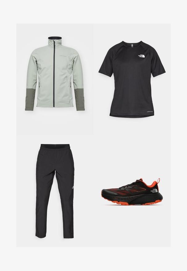 Peak Performance JACKET - Soft shell striukė - limit green/pine needle/; Juoda trumpa rankovė atletinė marškinė, pagaminta iš tekstūruotos medžiagos, su baltu logotipu kairėje krūtinės pusėje ir tiesiu apdailos kraštu.; Juodi sportiniai kelnių paspaudimai su elastinga juosta, pagaminti iš lengvo audinio, su mažu logotipu ant apatinės kojos ir tiesia kojos dizainu.; Juodas sportinis batai su raudonais akcentais; kvėpuojanti tinklelio viršutinė dalis, tekstūruotas padas ir paminkštinta apykaklė; turi logotipą ir guminį pirštų galiuką.