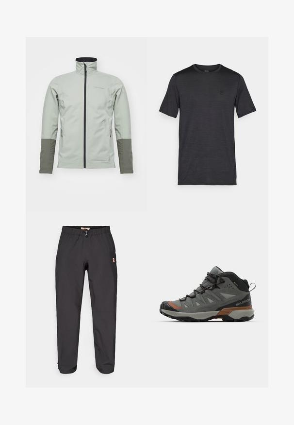 Peak Performance JACKET - Softshelljakke - limit green/pine needle/; Svart kortermet t-skjorte laget av glatt, lett stoff. Har rund hals og et brodert logo på brystet.; Sorte utendørs bukser med elastisk midjebånd og liten logo-lapp på høyre lår, vist mot en hvit bakgrunn.; Mid-cut utendørs sko i grå mesh og semsket skinn, med gummisåle, snøring foran og oransje detaljer, designet for holdbarhet og komfort.