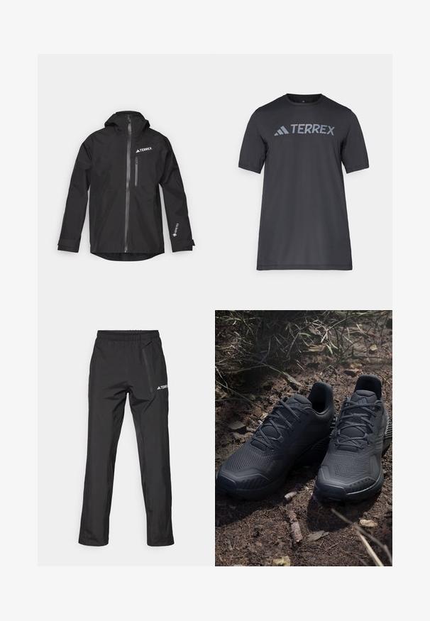 Sort vandtæt jakke lavet af Gore-Tex med hætte, frontlynlås og to sidelommer. Har et TERREX-logo på brystet.; Sort kortærmet t-shirt lavet af let stof, med et lys gråt "TERREX" logo på tværs af brystet og rund halsudskæring.; Sorte vandtætte bukser lavet af letvægtsstof, med en elastisk talje og sidelomme med lynlås. Enkel, skræddersyet design.; Sorte atletiske sko med en struktureret strikket overdel, forstærket tå og polstret sål, præsenteret på jordnær grund med spredte grene.