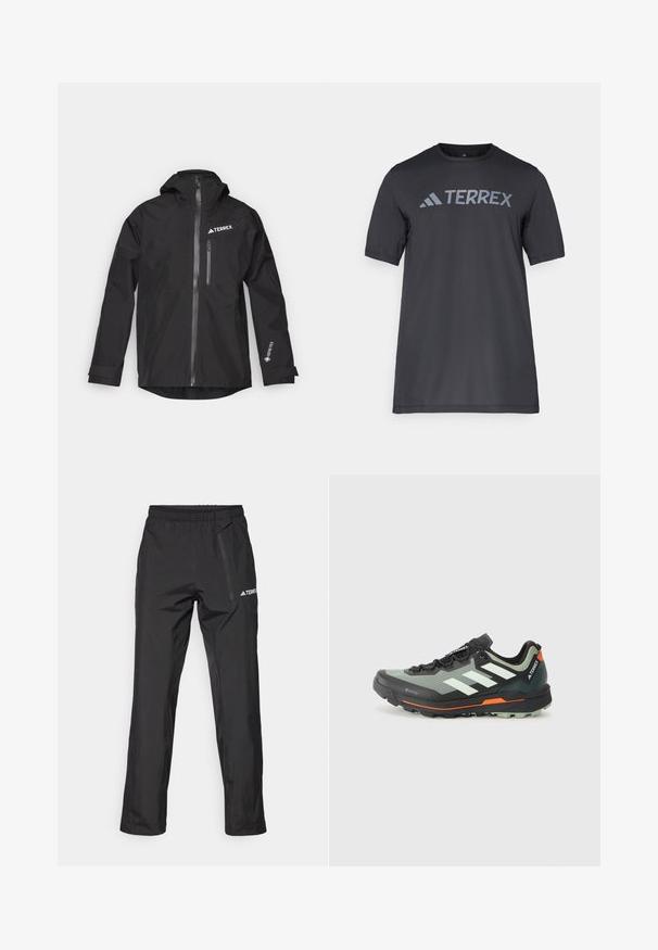 Casaco preto à prova d'água feito de Gore-Tex com capuz, fecho éclair frontal e dois bolsos laterais. Apresenta um logótipo TERREX no peito.; Camiseta preta de manga curta feita de tecido leve, com o logótipo cinza-claro "TERREX" atravessando o peito e um decote redondo.; Calças impermeáveis pretas feitas de tecido leve, com um cós elástico e um bolso lateral com fecho. Design simples e ajustado.; Sapatilha de trail running leve com parte superior em malha cinza e preta, detalhes em laranja e uma sola robusta para tração. Forro impermeável em Gore-Tex.