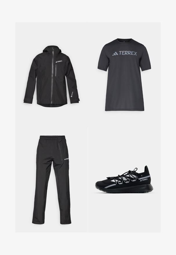 Black waterproof jacket made of Gore-Tex with a hood, front zipper, and two side pockets. Features a TERREX logo on the chest.; Black short-sleeve t-shirt made of lightweight fabric, featuring a light gray “TERREX” logo across the chest and a crew neckline.; Black waterproof trousers made of lightweight fabric, featuring an elastic waistband and side zipper pocket. Simple, tailored design.; Black athletic shoe with a mesh upper, reflective accents, elastic laces, and a textured rubber sole. Features a sleek design for performance.