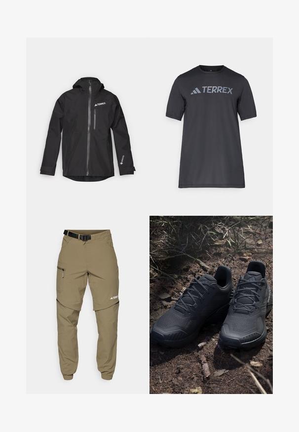 Must värvitud veekindel jope, mis on valmistatud Gore-Texist ja millel on kapuuts, eesmine lukk ja kaks küljetaskut. Rinnal on TERREXi logo.; Must musta t-särk, mis on valmistatud kergetest kangast, millel on kergehall "TERREX" logo rinnaeest ja ümar kaelus.; Khaki välisin püksid, millel on reguleeritav must vöö, lukuga taskud, kitsenevad sääreotsad ja eemaldatavad alumised sääred mitmekesiste stiilide jaoks.; Mustad mustes spordijalanõud tekstuurse kudumisega pealisosa, tugevdatud varvas ja pehmendusega tallad, laotud maapinnale, kus on hajutatud oksakesi.