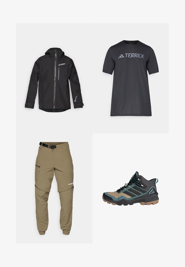 Schwarze wasserdichte Jacke aus Gore-Tex mit Kapuze, Frontreißverschluss und zwei Seitentaschen. Mit einem TERREX-Logo auf der Brust.; Schwarzes T-Shirt mit kurzen Ärmeln aus leichtem Stoff, mit einem hellgrauen "TERREX"-Logo auf der Brust und einem Rundhalsausschnitt.; Khaki Outdoor-Hosen mit verstellbarem schwarzen Gürtel, Reißverschlusstaschen, schmal zulaufenden Bündchen und abnehmbaren unteren Beinen für vielseitige Stylingmöglichkeiten.; Wanderstiefel aus einer Mischung von schwarzem, türkisfarbenem und braunem Material, mit einer strukturierten Oberseite, sicherer Schnürung und robustem Gummi-Profilsohle für guten Halt.