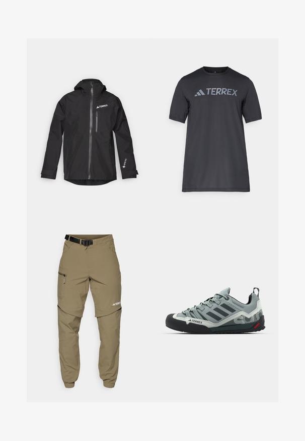 Svart vattentät jacka gjord av Gore-Tex med huva, framdragkedja och två sidofickor. Har en TERREX-logotyp på bröstet.; Svart kortärmad t-shirt gjord av lätt tyg, med en ljusgrå "TERREX"-logotyp över bröstet och rund halsringning.; Kaki utomhusbyxor med justerbart svart bälte, fickor med dragkedja, avsmalnande ärmslut och avtagbara nedre ben för mångsidig stil.; Grå klätterskor med entexturerad ovandel, svart gummikåpa på tån, tre mörka ränder och en liten röd accent på sulan.