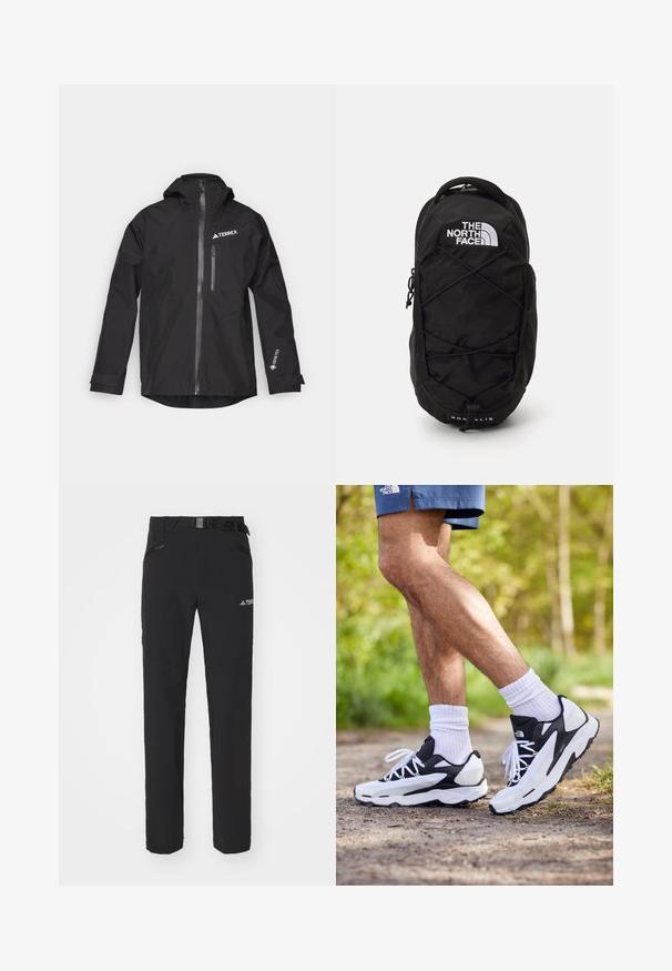 Black waterproof jacket made of Gore-Tex with a hood, front zipper, and two side pockets. Features a TERREX logo on the chest.; The North Face M L/S SIMPLE DOME TEE - Long sleeved top - medium grey heather; Black outdoor pants with a smooth fabric, side zip pockets, reinforced knee sections, and an adjustable waistband featuring a buckle.; Black and white athletic shoes with mesh upper, textured accents, and white laces. Worn with white ankle socks and navy shorts on a path.; Black backpack with a textured finish, featuring a white logo, bungee cord design on the front, and adjustable padded straps.