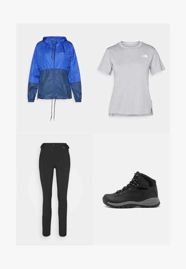 Blaues Kapuzenwindbreaker-Jackett mit durchgehendem Reißverschluss, verstellbarem Taillenbund, langen Ärmeln und kontrastierenden, dunklerblauen unteren Einsätzen. Leichter Stoff.; Graues T-Shirt mit kurzen Ärmeln aus weichem, feuchtigkeitsableitendem Stoff. Hat einen Rundhalsausschnitt und ein kleines weißes Logo auf der oberen linken Seite.; Schwarze, enganliegende Hosen aus einem flexiblen Material. Zu den Merkmalen gehören eine seitliche Reißverschlusstasche, vorgeformte Knie und eine glatte Textur.; Schwarzer Wanderstiefel mit einem mittelhohen Design, ausgestattet mit einer strukturierten Oberfläche, grauen Akzenten und einer robusten Gummisohle mit Profilstollen.