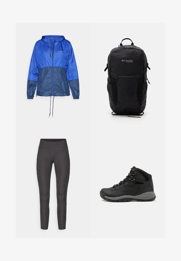 Giacca a vento blu con cappuccio, chiusura a zip sul fronte, vita con cordino, maniche lunghe e pannelli inferiori di un blu più scuro in contrasto. Tessuto leggero.; Maglietta nera Columbia con arte lineare bianca di una montagna circolare e un fiume, e il testo "Columbia Sportswear Company Outside Since 1938."; Leggings a vita alta di colore grigio scuro, realizzati in tessuto testurizzato. Presentano un design aderente e tasche laterali per lo stoccaggio.; Stivale da trekking nero con design a metà altezza, dotato di una tomaia texturizzata, accenti grigi e suola in gomma resistente con tasselli per la trazione.; Zaino Columbia Titanium nero con una texture di tessuto liscia, tasche laterali, maniglia superiore e spallacci regolabili. Design minimalista con branding discreto.