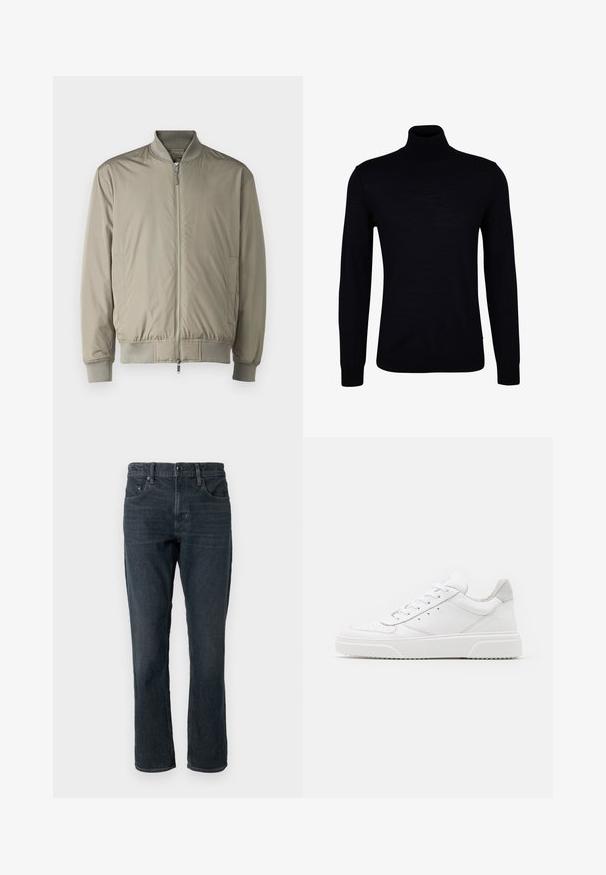 Viegls bomber jakas modelis dziļi olīvzaļā krāsā. Izgatavota no gludas auduma ar rāvējslēdzēju priekšpusē, ribotas apkakles un piedurkņu, kā arī elastīgu apakšmalu.; Melnā augstā apkakle džemperis, izgatavots no gluda adījuma materiāla. Iezīmes garas piedurknes, pieguļošs kakls, kā arī ribotas aproces un apakša, nodrošinot ciešu piegulšanu.; Tumši zila džinsu auduma bikses ar taisnu piegriezumu, piecu kabatu dizainu un pogu aizdari. Iezīmē atšķirīgu izbalēšanu un kontrastējošu diegu šuvumu.; Baltie ādas sporta apavi ar gludu virsmu, noapaļotu purngalu, plakaniem šņorēm un reljefa zoli. Pelēks zamšādas akcenti pie papēža.