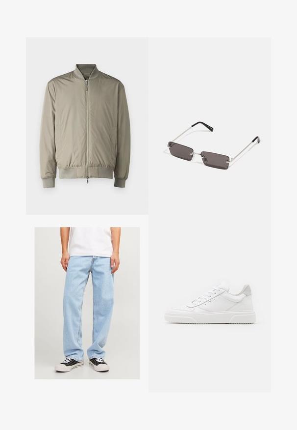 Lightweight bomber jacket in muted olive green. Made from smooth fabric with a zip front, ribbed collar and cuffs, and elasticized hem.; White cotton t-shirt with short sleeves, crew neckline, and a relaxed fit. Smooth texture with no visible patterns or accents.; Light blue denim jeans with a relaxed fit, featuring a straight leg design and standard stitching, paired with black sneakers.; White leather sneakers with a smooth finish, rounded toe, flat laces, and a textured sole. Grey suede accent at the heel.; Sunglasses with rectangular, dark grey lenses, silver metal frames, and black plastic tips on the arms. Lightweight design with nose pads.