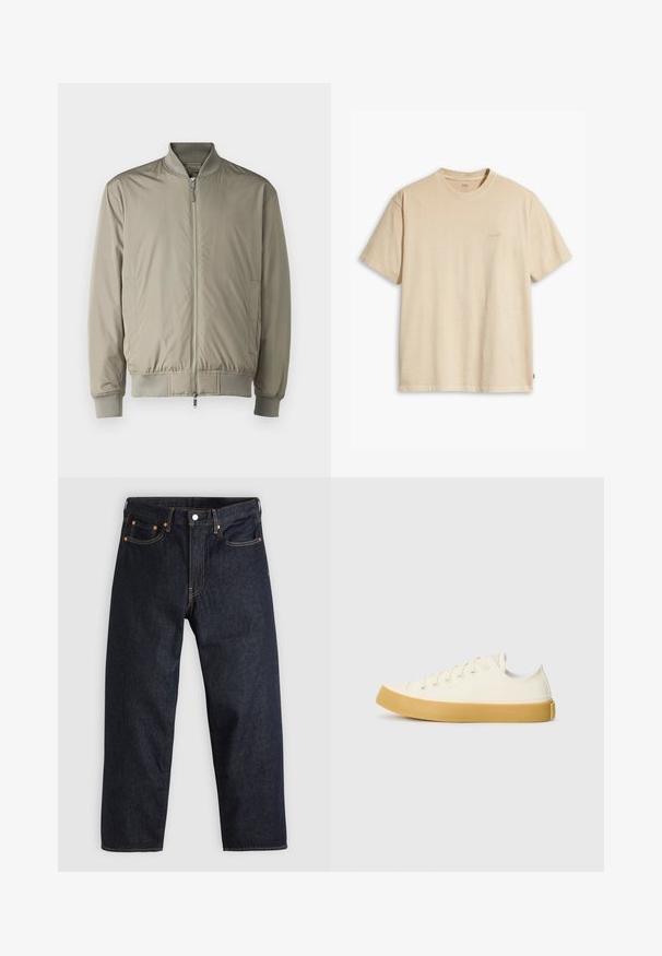 Casaco bomber leve em verde oliva apagado. Feito de um tecido suave com fecho de correr na frente, colarinho e punhos canelados, e bainha elástica.; T-shirt de algodão bege com decote redondo e mangas curtas. Apresenta um discreto logo "Levi's" na mesma cor no peito. Textura suave.; Jeans de denim azul-escuro com corte reto, cinco bolsos, costura laranja em contraste e fecho de botão. Sem padrões ou adornos visíveis.; Sapatilhas de tela em off-white com biqueira redonda, apresentando solas de borracha bege e cinco ilhós para atacadores, acabamento texturizado na parte superior.