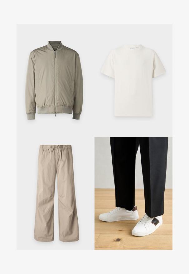 Lett bomberjakke i dempet olivengrønn. Laget av glatt stoff med glidelås foran, ribbestrikket krage og mansjetter, samt elastisk hem.; Hvit T-skjorte med kort erm i ribbestrikket tekstur. Rund hals, avslappet passform, ingen synlige mønstre eller detaljer. Enkelt og allsidig design.; Beige vide bukser med elastisk talje og snøre. Glat tekstur, to sidelommer og minimale syninger for en afslappet pasform.; Hvite sneakers med glatt tekstur, med brune skinnakenter og svart detaljer, parret med svarte skreddersydde bukser. Bakgrunn med tregulv.