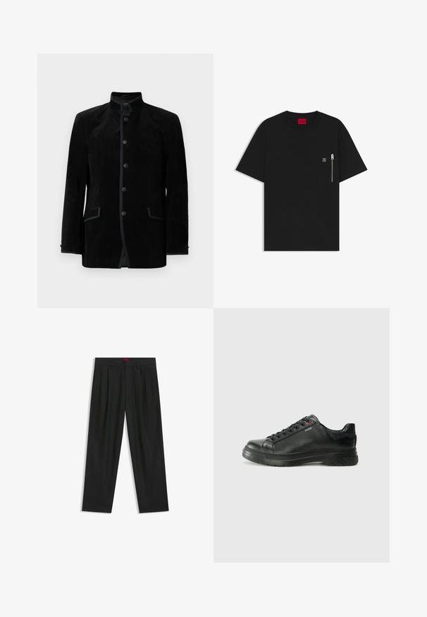 Zwarte fluwelen jas met staande kraag, vijf ronde knopen en twee voorste klepzakken, tegen een witte achtergrond weergegeven.; Zwarte T-shirt van katoen, met een ronde hals, korte mouwen en een borstzak met een zilveren ritsdetail. Klein logo op de zak.; Zwarte broek met een geplooid ontwerp, wijde pijpen en een zachte textuur. Voorzien van een rode taillebandlabel.; Zwarte leren sneaker met een gestructureerde bovenkant, gevoerde kraag en rode logo-details. Heeft een dikke rubberen zool met een opvallend loopvlakpatroon.