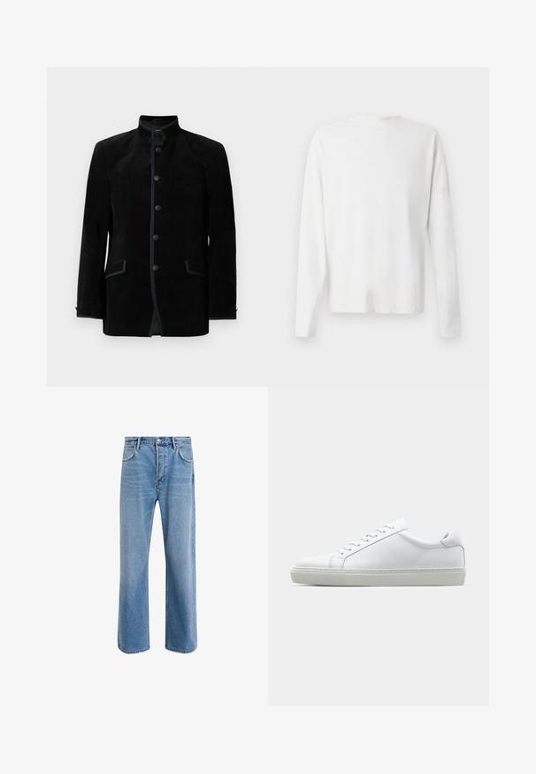 Μαύρο βελούδινο σακάκι με όρθιο γιακά, πέντε στρογγυλά κουμπιά και δύο μπροστινές τσέπες με καπάκι, παρουσιασμένο σε λευκό φόντο.; Λευκό βαμβακερό πουκάμισο μακρυμάνικο με στρογγυλή λαιμόκοψη, πλαϊνές σχισμές στο κάτω μέρος και λεία υφή, εμφανιζόμενο από πίσω.; Ανοιχτό μπλε τζιν παντελόνι με ευθεία γραμμή, πέντε τσέπες, κλείσιμο με κουμπί, ελάχιστη φθορά και αντίθετες ραφές.; Λευκό αθλητικό παπούτσι με άνω μέρος από λείο δέρμα και χαμηλό προφίλ. Διαθέτει στρογγυλεμένη μύτη, έξι τρυπούλες και υφασμένη καουτσούκ σόλα.