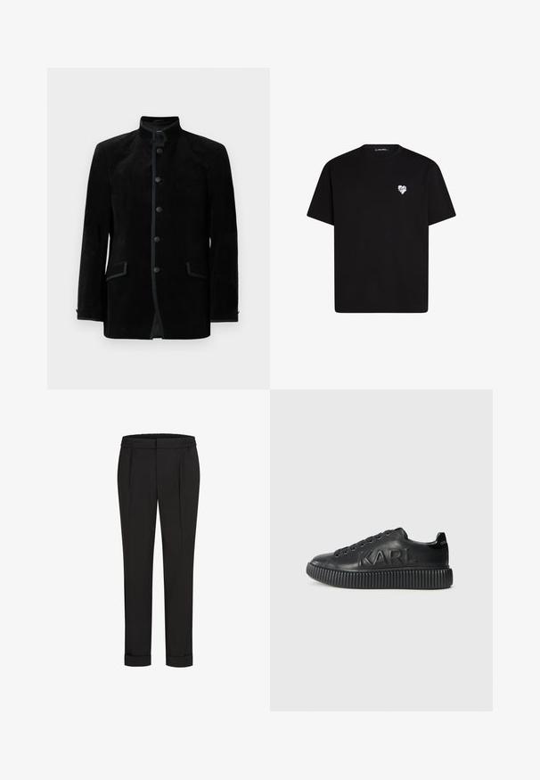Zwarte fluwelen jas met staande kraag, vijf ronde knopen en twee voorste klepzakken, tegen een witte achtergrond weergegeven.; Zwarte katoenen t-shirt met korte mouwen, ronde halslijn en een kleine witte hartafbeelding op de linkerkant van de borst.; Zwarte broek met een elastische tailleband, met een rechtvallend ontwerp en opgerolde manchetten. Gemaakt van glad, geweven stof zonder patronen.; Zwarte sneaker van glad leer, met een dikke ribbelzool en het merknaam in reliëf. Klassiek vetersluiting ontwerp met ronde oogjes.