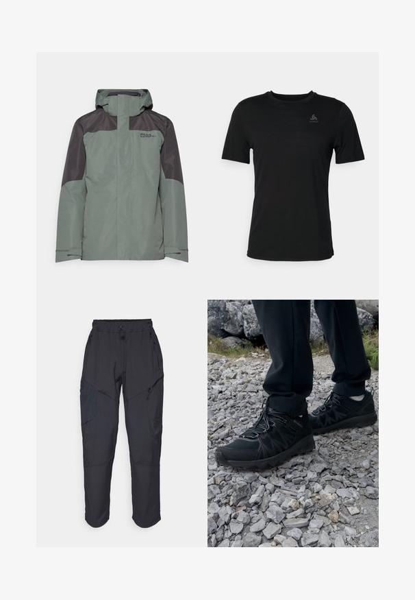 Jack Wolfskin ROMBERG 3IN1 - Outdoor jacket - slate green; Black t-shirt made from lightweight fabric, featuring a round neckline, short sleeves, and a small brand logo on the upper left.; Black cargo pants made from a lightweight, water-resistant material; features elastic waistband, multiple zippered pockets, and tapered legs.; Black outdoor shoes with mesh and synthetic material, featuring a textured upper, secured lacing system, and a rugged outsole, on rocky terrain.