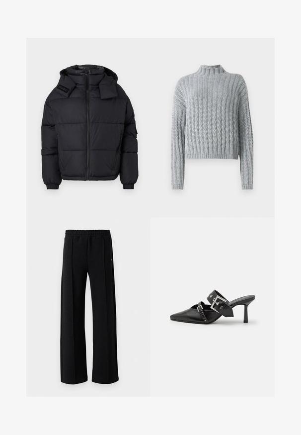 Črna pufasta jakna z visokim ovratnikom in snemljivo kapuco, z zadrgo spredaj, elastičnimi manšetami in embosirano oznako na rami.; Svetre svetlo sive barve z debelim pletenjem, rebrastim vzorcem, ovratnikom na ovratniku, dolgimi rokavi in nekoliko skrajšano silhueto.; Bela srajca z dolgimi rokavi in gumbi, izdelana iz gladkega bombažnega mešanega materiala. Ima klasičen ovratnik, sprednje zapiranje na gumbe in zaokrožene manšete.; Črne hlače ravnega kroja z elastičnim pasom in diskretnim teksturiranim vzorcem po tkanini na belem ozadju.; Črne visoke mule s koničastim prstom, izdelane iz gladkega usnja. Imajo širok gleženjski trak s kvadratno srebrno zaponko in okraski.