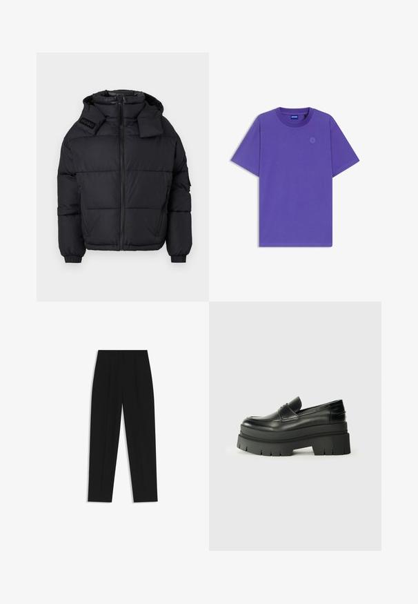 Black puffer jacket with a high collar and detachable hood, featuring a zip front, elasticized cuffs, and an embossed logo on the shoulder.; Purple cotton t-shirt with short sleeves, a crew neck, and embroidered logo detail on the chest, featuring a smooth texture and relaxed fit.; Black trousers with a straight fit, featuring double pleats, a smooth texture, and a classic waistband design. No visible hardware or accents.; Black leather loafers with a chunky platform sole. Rounded toe, front seam detail, and subtle stitching accents. Flat, textured outsole.
