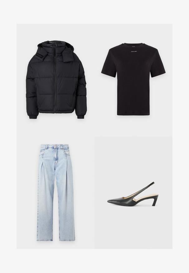 Giacca a vento nera con colletto alto e cappuccio removibile, con zip frontale, polsini elasticizzati e logo in rilievo sulla spalla.; T-shirt in cotone nero con maniche corte, colletto a girocollo e piccolo logo bianco "Calvin Klein" sul petto. Texture liscia, vestibilità classica.; Jeans in denim azzurro chiaro con vita alta, taglio a gamba larga, due tasche laterali e design plissettato. Texture morbida con una finitura sbiadita.; Scarpa slingback nera con punta affilata e tacco basso, realizzata in pelle liscia e con un design a taglio laterale per favorire la traspirabilità.