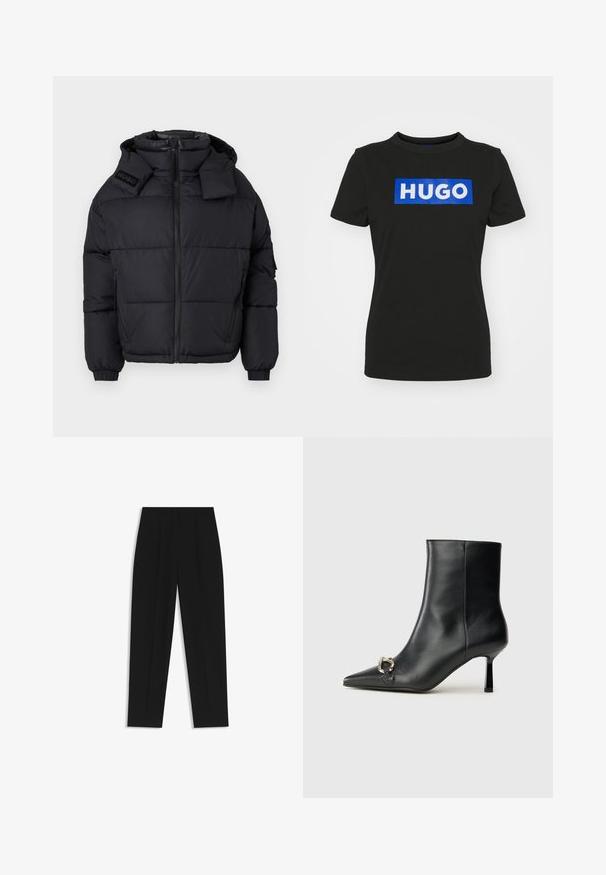 Chaqueta de plumas negra con cuello alto y capucha desmontable, que cuenta con cierre de cremallera en la parte delantera, puños elásticos y un logo en relieve en el hombro.; Camiseta de manga corta negra de algodón, que presenta un gran gráfico rectangular azul con la palabra "HUGO" en letras blancas y en negrita.; Pantalones negros de corte recto, con doble pinza, textura suave y un diseño de cinturilla clásica. Sin hardware o acentos visibles.; Botín negro de cuero hasta el tobillo con punta afilada, tacón delgado de altura media y detalle de hebilla plateada en el lateral, sobre un fondo liso.