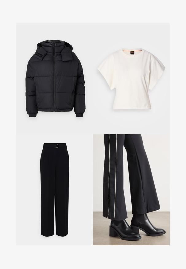 Mustmust vest, mille kõrge krae ja eemaldatav kapuuts, tõmblukuga esiosa, elastsed mansetid ning tõstetud logo õlal.; Valge lühikeste laiadte varrukatega lühike T-särk, pehme puuvillane materjal, ümar kaelus kergelt oranži ääristusega, minimaalne disain, ilma mustrite ja graafikateta.; Mustad mustad püksid laia sääre kujundusega, millel on hõbedane kinnitusega vöö, voldid ja sile kangas.; Mustad nahast pahklu_bootid, millel on ploki konts ja elastsed külgpaneelid. Kombineeritud mustade pükstega, millel on valge küljeriba.