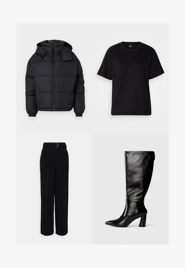 Melnā pūkņu jaka ar augstu apkakli un noņemamu kapuci, ar rāvējslēdzēju priekšā, elastīgām piedurknēm un izspiestu logotipu uz pleca.; Melna kokvilnas T-krekls ar apaļu izgriezumu, īsām piedurknēm un izšūtu logotipu uz krūtīm. Vienkāršs, brīvs piegriezums bez rakstiem.; Melnas pielāgotas bikses ar plašu kāju siluetu, ar jostu ar sudraba sprādzi, krokām un gludu auduma faktūru.; Ceļgala augstumā melnas ādas zābaki ar saplacinātu purngalu, gludu tekstūru un masīlu papēdi. Aizmugurē ir rāvējslēdzēja detalizācija.