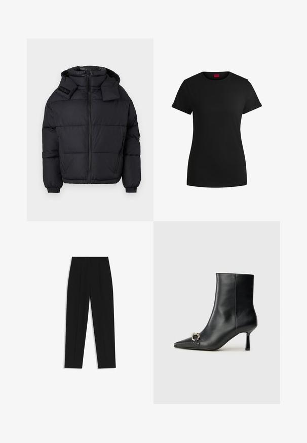 Black puffer jacket with a high collar and detachable hood, featuring a zip front, elasticized cuffs, and an embossed logo on the shoulder.; Black cotton t-shirt with short rolled sleeves, a round neckline, and a red label. Smooth texture, fitted shape with minimal detailing.; Black trousers with a straight fit, featuring double pleats, a smooth texture, and a classic waistband design. No visible hardware or accents.; Black leather ankle boot with pointed toe, slim mid-height heel, and silver buckle detail on side against plain background.