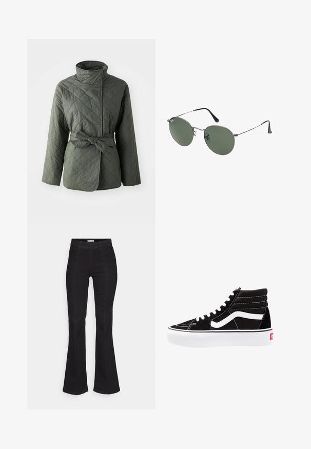 Žalias įdūmintas švarkas su aukštu apykakle, ilgomis rankovėmis ir tekstūruotu diržu, surištu ties juosmeniu; visame švirkšte yra deimantų raštas.; Du kamščių be rankovių juodos ir baltos spalvų, pagaminti iš banguoto medvilnės, su apvaliais kaklo iškirpimais ir priglundančiu siluetu. Matomi etiketės abiejuose.; Juodi platėjančio silueto džinsai, pagaminti iš džinsinio audinio, su aukštu liemeniu, subtiliais priekinių siūlių detaliais ir klasikinio penkių kišenių dizainu.; Juodi aukšti sportbačiai su baltais raišteliais, baltu logotipu ir kontrastinga balta siuvinėta. Turi storą baltą padas ir tekstūruotą zomšos viršutinę dalį.; Metaliniai akiniai su ovaliais žaliais lęšiais. Plonas sidabro spalvos metalinis rėmas ir juodi ausų laikikliai. Minimalistinis dizainas, be matomų logotipų.