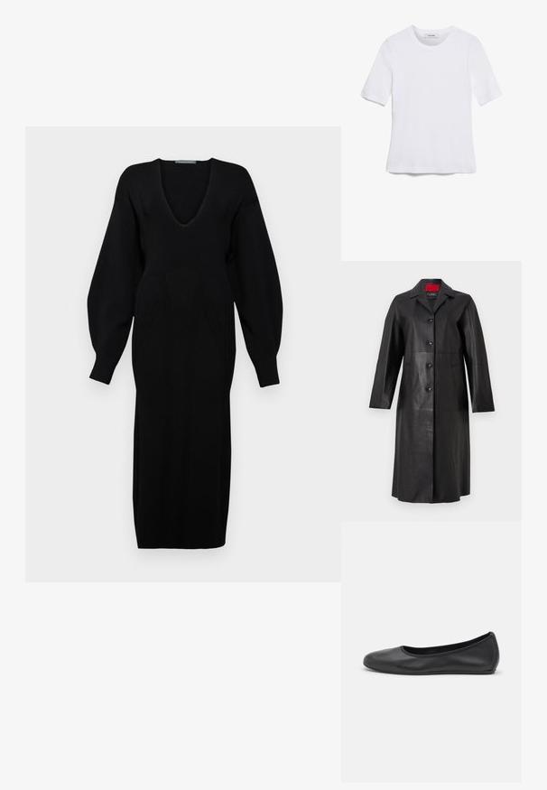 Black leather coat with long sleeves, a collared neckline, five button closure, and two side pockets. Smooth texture and tailored design.; Black knitted dress with a deep V-neck, long voluminous sleeves, and textured pattern detailing on the bodice.; White short-sleeve t-shirt made of ribbed fabric. Round neckline, regular fit, and subtle stitching details. No patterns or graphics.; Black leather ballet flat with a rounded toe, smooth texture, minimal stitching detail, and a flexible sole design.