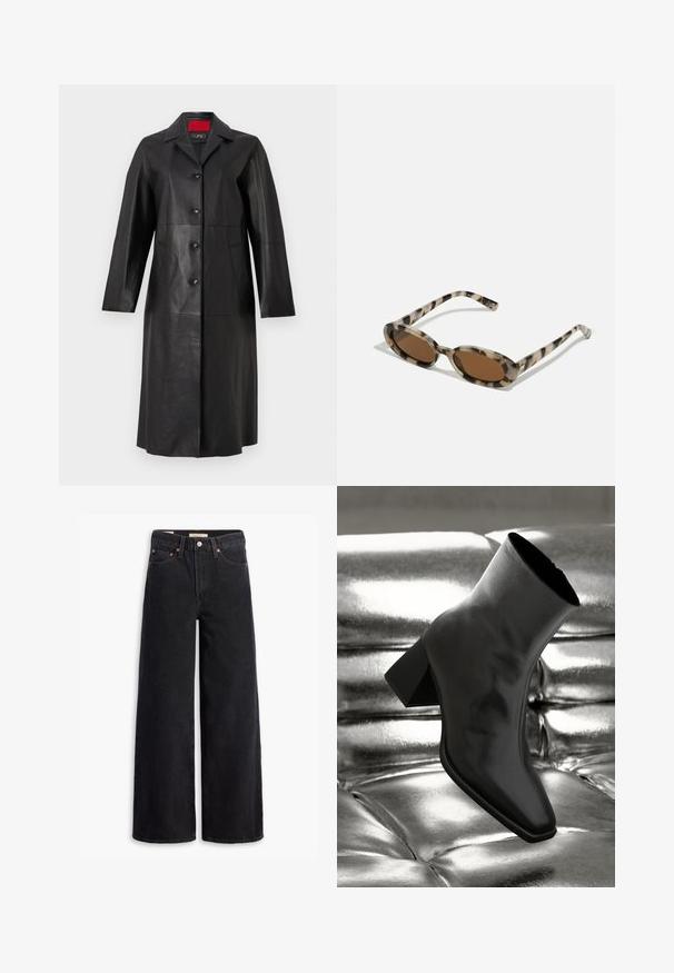 Black leather coat with long sleeves, a collared neckline, five button closure, and two side pockets. Smooth texture and tailored design.; Gray knitted sweater with long sleeves, round neckline, ribbed cuffs and hem, featuring a soft texture and relaxed fit.; Black wide-leg jeans made of denim, featuring five pockets, copper rivets, and a classic button closure. Smooth texture with a clean design.; Black ankle boot made of glossy material with a square toe and tapered heel, set against a shiny silver tufted background.; Tortoiseshell sunglasses with oval lenses, brown tint, and thin patterned sides. Lightweight plastic material with subtle gold accents.