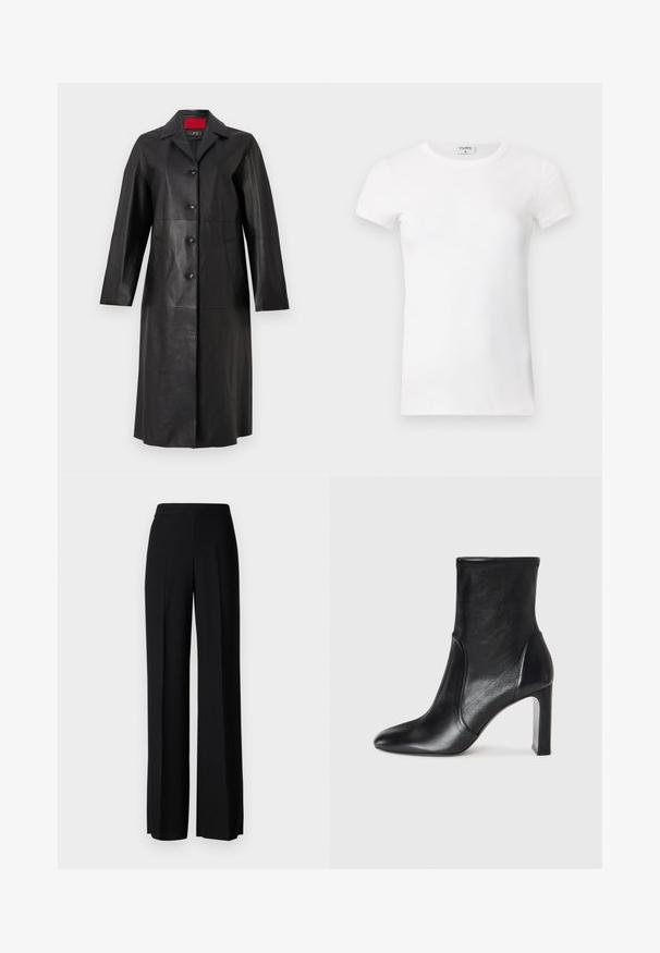 Sorte læderfrakke med lange ærmer, krave, fem knaplukninger og to sidelommer. Glat tekstur og skræddersyet design.; Hvid, stribet T-shirt med kortærmer og rund hals. Stoffet ser glat ud med en tætsiddende silhuet. Brandingmærke synligt ved kraven.; Sorte vide benbukser med en glat tekstur, der har en høj talje og centerfolder. Ingen synlige mønstre eller hardware detaljer.; Sorte læder ankelstøvler med et slankt design, spids tå og høj blokhæl. Har en glat overflade og minimalistic syning.