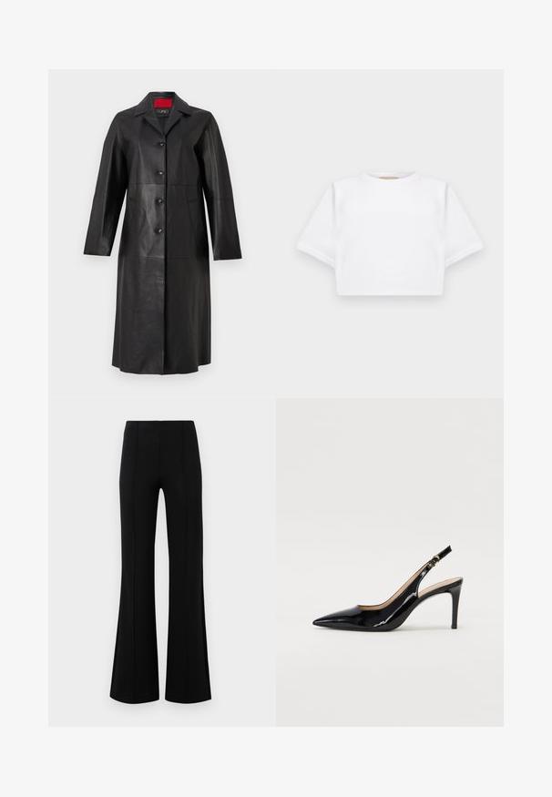 Palton din piele neagră, cu mâneci lungi, guler, închidere cu cinci nasturi și două buzunare laterale. Textură netedă și design adaptat.; Tricou alb scurt dintr-un material moale, cu mâneci scurte, decolteu rotund și detalii ribbrate la margine. Design simplu și fără embellishments.; Pantaloni negri evazați, cu talie înaltă, fabricați dintr-un material elastic. Prezintă detalii cu cusături verticale în față și o textură netedă.; Pantofi slingback din piele patent neagră, cu vârful ascuțit, tocul subțire și un design discret cu decupaj. Se evidențiază printr-un cataramă aurie pe curea.