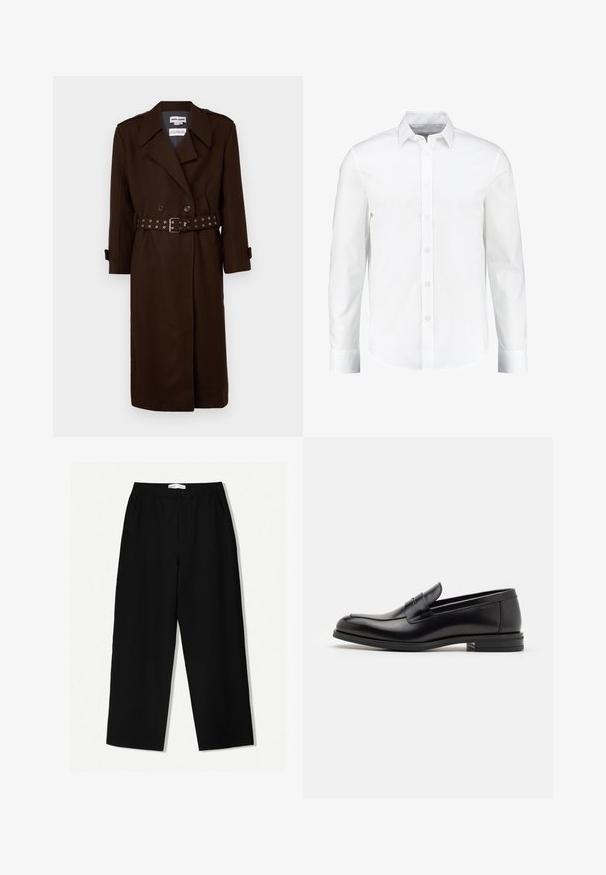 Hnědý dvouřadý trenčkot s páskem v pase, vyrobený z pevných látek, s ramenními epauletami a pásky na manžetách.; Bílá košile s dlouhým rukávem s knoflíkovým zapínáním vyrobená z hladké bavlny. Má klasický límec a zapínání na knoflíky s rovnými lemy.; Černé kalhoty s širokými nohavicemi z texturované látky, s elastickým pasem a postranními kapsami. Jednoduchý, minimalistický design bez zdobení.; Černé kožené polobotky s hladkou texturou, zaoblenou špičkou a zdobným páskem přes nárt. Nízký stohovaný podpatek, minimalistický design.