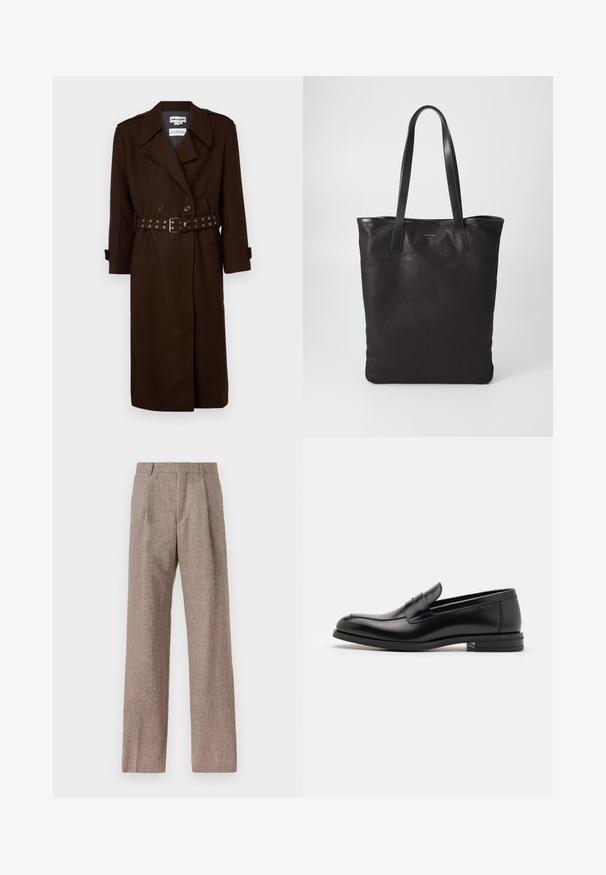 Brūns divrindu mētelis ar jostu ap vidukli, izgatavots no strukturēta auduma, ar plecu uzlikām un aproču siksnām.; Balta krekla ar apkakli, kas piedāvā smalkas vertikālas svītras, garas piedurknes, krūšu kabatu un klasisku noapaļotu apakšmalu.; Brūni, augstos šortos izgatavoti no teksturēta auduma. Iezīmē plašas kājas un divas priekšējās krokas, kas nodrošina struktūru. Kārtīga apdare bez redzamām detaļām.; Melnas ādas kurpes ar gludu tekstūru, noapaļu purngalu un dekoratīvu siksniņu pāri priekšpusei. Zems sakrauts papēdis, minimālisma dizains.; Melnas auduma iepirkumu soma ar melnām ādas rokturiem. Vienkāršs dizains, plaša forma un gluda tekstūra. Nav redzamu logo vai rakstu.