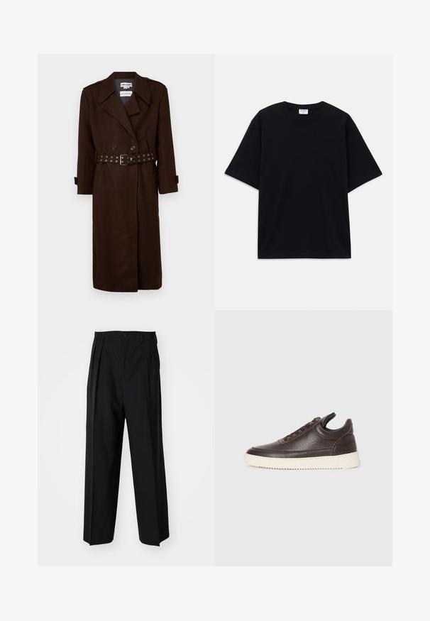Hnědý dvouřadý trenčkot s páskem v pase, vyrobený z pevných látek, s ramenními epauletami a pásky na manžetách.; Černé oversized tričko s krátkým rukávem, kulatým výstřihem a viditelnou značkou Filippa K uvnitř límce.; Černé skládací kalhoty s rovnými, širokými nohavicemi. Vyrobené z hladké tkaniny, se zapínáním na knoflík a poutky na opasek.; Tmavě hnědé texturované kožené tenisky s šněrováním a bílou rýhovanou gumovou podrážkou na jednobarevném světlém pozadí.