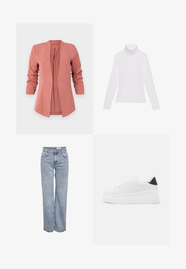 Rubino rožinė, pritaikyta džinsinė striukė su ilgomis rankovėmis ir surinktomis detalėmis ant rankogalių. Atvira priekinė dalis ir glotni tekstūra.; Baltas ilgomis rankovėmis turtleneko tipo marškinėliai, pagaminti iš lygaus, tamprus audinys. Yra aukštas apykaklė ir prisitaikantis dizainas, be matomų raštų ar papuošimų.; Šviesiai mėlyni plačios kojų džinsai, pagaminti iš džinsinio audinio, pasižymintys aukštu liemeniu, penkių kišenių dizainu ir subtiliu blukimu, kad atrodytų jau dėvėti.; Balti platforminiai sportbačiai, pagaminti iš lygios sintetinio audinio, su apvaliu pirštu, raištelių užsegimu ir tekstūruota guma padanga. Juodas kulno akcentas.