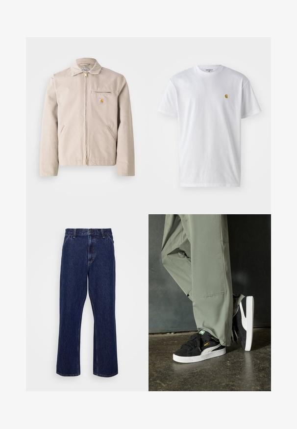 Light beige jacket made of cotton, featuring a zip closure, point collar, front pockets, and a fabric logo patch on the chest.; White cotton t-shirt with short sleeves, crew neck, featuring a small gold logo on the left chest area. Soft texture and regular fit.; Dark blue denim jeans with a straight-leg design, featuring a button closure, five-pocket style, and subtle stitching details.; Black suede sneakers with white rubber soles and side stripes, paired with light green cargo pants, standing on a textured dark surface.