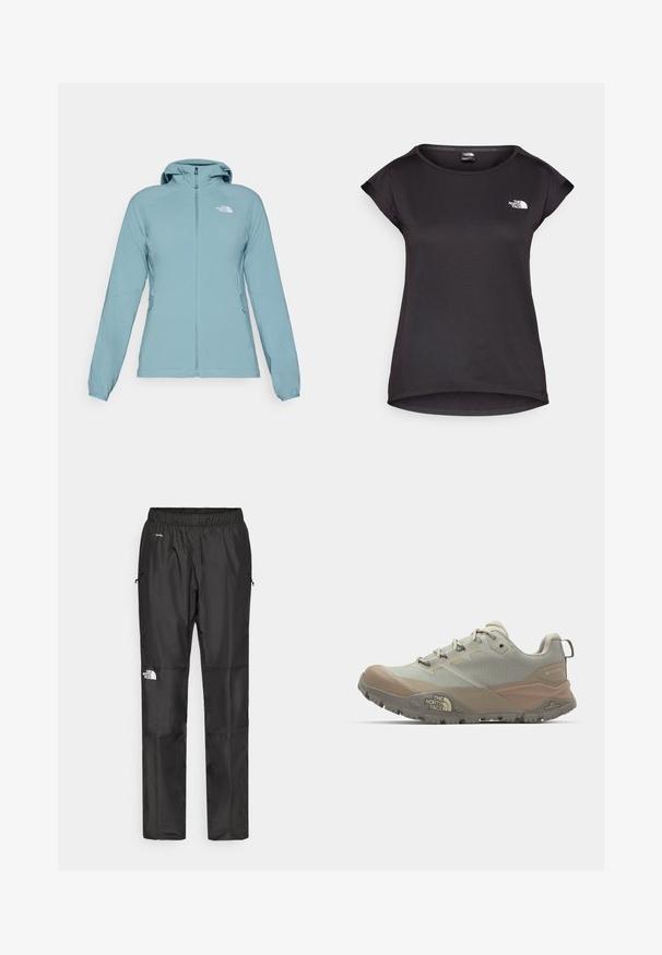 Svijetloplava jakna s patentnim zatvaračem sprijeda, podesivom kapuljačom i dvojim bočnim džepovima. Izrađena je od glatkog materijala s krojem koji prati tijelo. Ima detalj s logotipom.; The North Face TANKEN TANK - Sportska majica - black; Crne vodootporne hlače napravljene od lagane tkanine, s elastičnim pojasom, bočnim džepovima i logotipom na lijevoj nozi.; Svijetlosiva atletska cipela s bež naglascima, izrađena od sintetičkog materijala. Ima robustan potplat, dizajn na vezanje i branding sa strane.