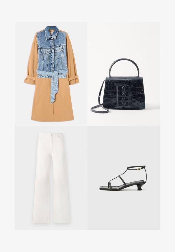 Traper i khaki haljina s košuljom koja ima puni traper prednji dio, pojas u struku i savijene rukave, s džepovima i kontrastnim materijalima.; Crna kratka majica od pletenog materijala s okruglim izrezom. Ima suptilne rebraste detalje na rukavima i rubu, izrađena od glatkog tkanja.; Bijele, visokotalasne široke traperice. Imaju kopčanje na dugme, dva prednja džepa i bočne šavove s detaljima šivanja.; Crne kožne sandale sa kvadratnim vrhom, tankim trakama, podesivom trakicom oko gležnja i niskom petom. Imaju mali zlatni detalj na traci.; Crna torba od krokodilne kože s uzorkom, strukturiranog dizajna, gornjom ručkom, podesivom trakom i istaknutim logotipom sprijeda.