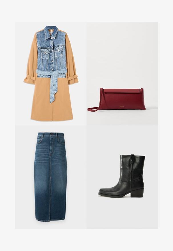 Denim és khaki ingruha, teljes hosszúságú denim elülső résszel, derékon övvel és feltekert ujjakkal, zsebekkel és kontrasztos anyagokkal.; Fehér, rövid ujjú blúz, kék virágos hímzéssel, kerek nyakkivágással és bonyolult mintákkal az elején és az ujjakon.; Sötét indigókék farmer midi szoknya, elülső hasítékkal és enyhe kopással. Klasszikus öt zsebes dizájn fém gombos záródással.; Fekete bőr bokacsizma lekerekített orral, blokk sarkúval, oldalsó cipzárral és varrásos díszítéssel az elején. Simább textúra, klasszikus dizájn.; Piros bőr klutcs táska textúrázott felülettel, lapos hajtogatott tetejével és rövid pánttal. Diszkrét márkájú logó elöl.