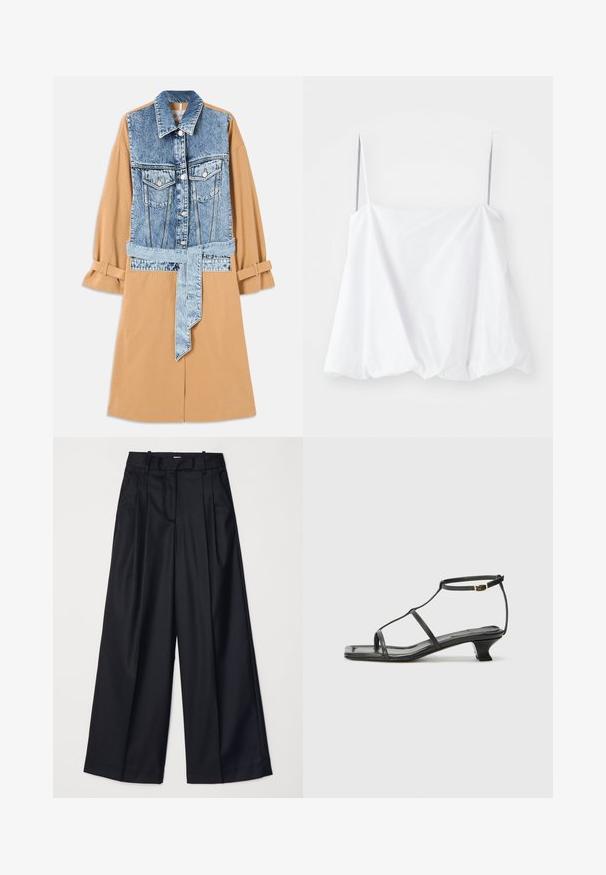 Denim and khaki shirt dress featuring a full-length denim front, belted waist, and rolled sleeves, with pockets and contrasting materials.; White sleeveless top with thin straps, made from lightweight fabric. Featuring a loose design and gathered texture at the hem.; Black wide-leg trousers made of smooth fabric, featuring a high waist, pleats, and a tailored design. Simple black hardware at the waist.; Black leather sandal with a square toe, thin straps, adjustable ankle strap, and a low heel. Features a small gold accent on the strap.