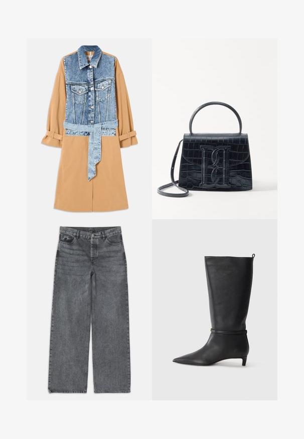 Denim és khaki ingruha, teljes hosszúságú denim elülső résszel, derékon övvel és feltekert ujjakkal, zsebekkel és kontrasztos anyagokkal.; Fekete, rövid ujjú, kerek nyakú póló fehér címkével a gallér belsejében, amelyen az "D.R.C. EST. 2002" felirat szerepel, fehér háttéren.; Sötét szürke denim széles szárú farmer. Magas derekú, öt zsebes kialakítással és elöl gombos záródással rendelkezik. Simább textúrájú, enyhe kopással.; Fekete bőr, térd fölé érő csizma, hegyes orral, kör alakú pánttal a bokán és alacsony, keskeny sarkú. Simára csiszolt textúra.; Fekete krokodilbőr hatású kézitáska, amelynek strukturált kialakítása van, felső fogantyúval, állítható pánttal és egy kiemelkedő elülső logó részlettel.